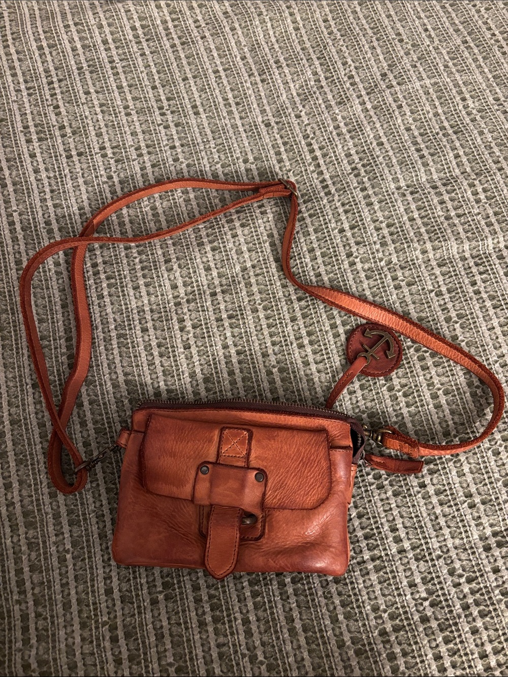 Compact Cognac  Leather Crossbody with Signature Charm